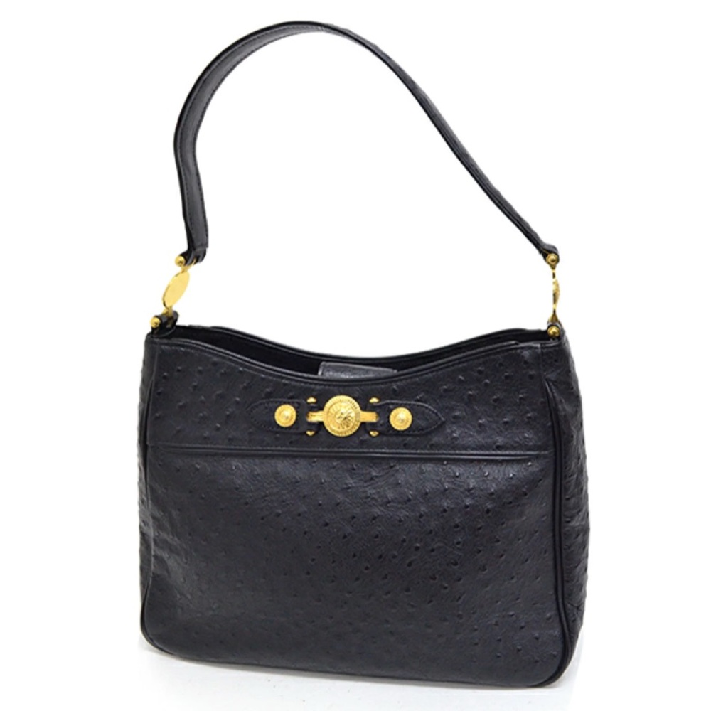 Versace Black Shoulder Bag Real Ostrich Leather & Sunburst Medusa Medallians